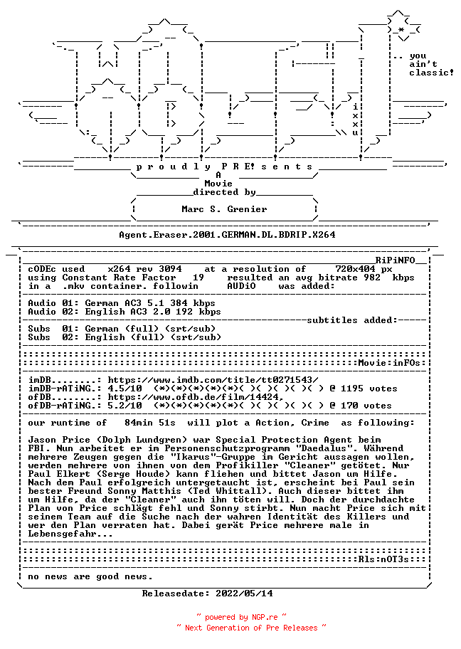 NFO for the release Agent.Eraser.2001.GERMAN.DL.BDRIP.X264-WATCHABLE by WATCHABLE
