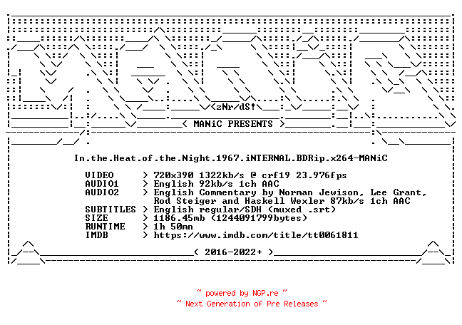 NFO for the release In.the.Heat.of.the.Night.1967.iNTERNAL.BDRip.x264-MANiC by MANiC