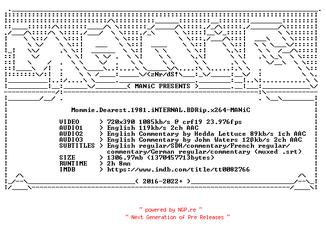 NFO for the release Mommie.Dearest.1981.iNTERNAL.BDRip.x264-MANiC by MANiC