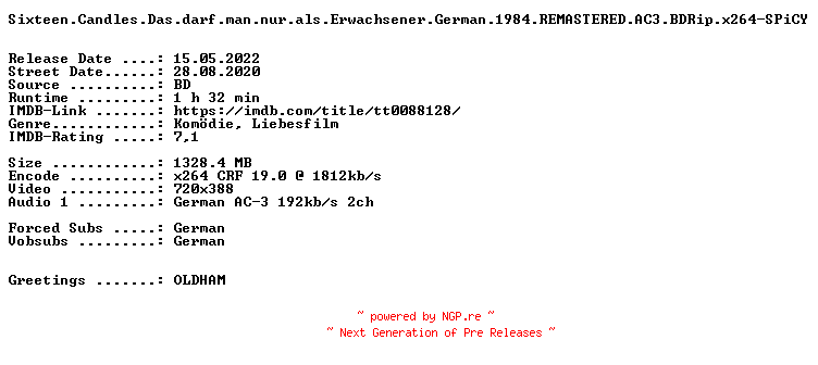 NFO for the release Sixteen.Candles.Das.darf.man.nur.als.Erwachsener.German.1984.REMASTERED.AC3.BDRip.x264-SPiCY by SPiCY