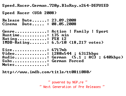 NFO for the release Speed.Racer.German.720p.BluRay.x264-DEFUSED by DEFUSED
