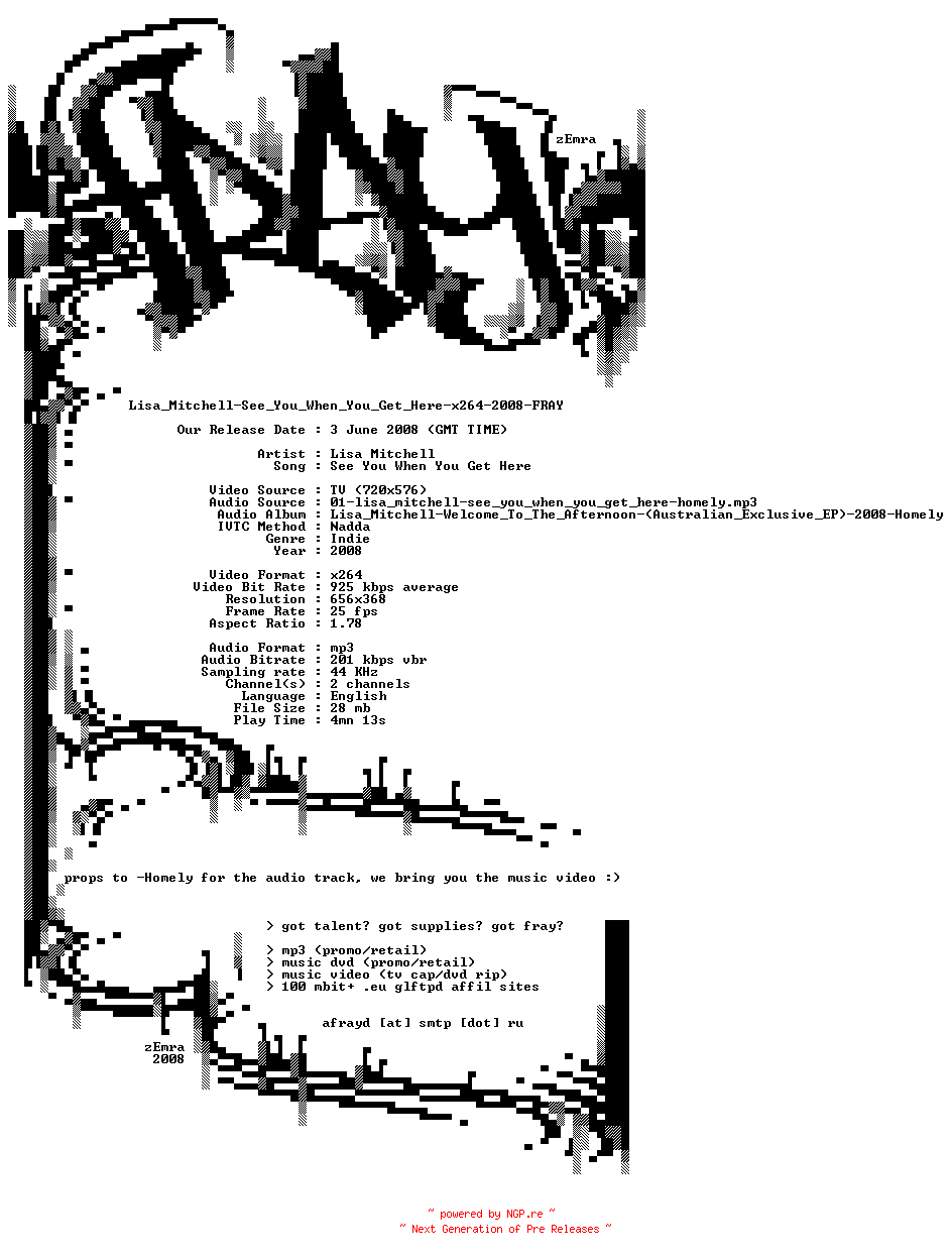 NFO for the release Lisa_Mitchell-See_You_When_You_Get_Here-x264-2008-FRAY by FRAY