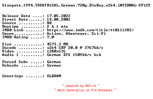 NFO for the release Stargate.1994.THEATRiCAL.German.720p.BluRay.x264.iNTERNAL-SPiCY by SPiCY