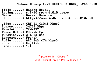 NFO for the release Madame.Bovary.1991.RESTORED.BDRip.x264-ORBS by ORBS