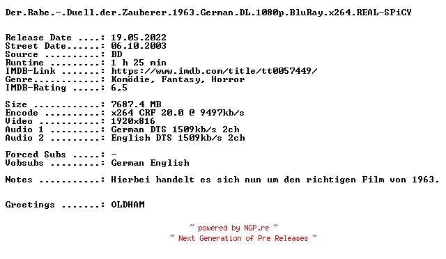 NFO for the release Der.Rabe.-.Duell.der.Zauberer.1963.German.DL.1080p.BluRay.x264.REAL-SPiCY by SPiCY
