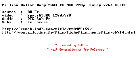 NFO for the release Million.Dollar.Baby.2004.FRENCH.720p.BluRay.x264-CREEP by CREEP