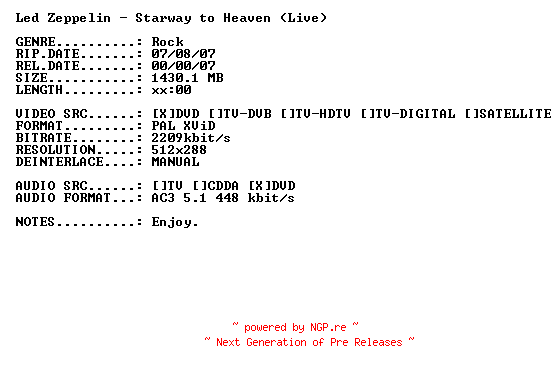 NFO for the release Led_Zeppelin-Starway_to_Heaven-(Live)-DVDRiP-XViD-2007-PMSVCD by PMSVCD