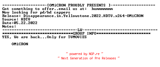 NFO for the release Disappearance.in.Yellowstone.2022.HDTV.x264-OMiCRON by OMiCRON