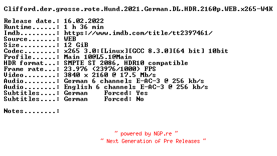 NFO for the release Clifford.der.grosse.rote.Hund.2021.German.DL.HDR.2160p.WEB.x265-W4K by W4K