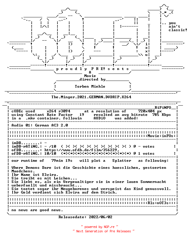 NFO for the release The.Minger.2021.GERMAN.DVDRIP.X264-WATCHABLE by WATCHABLE