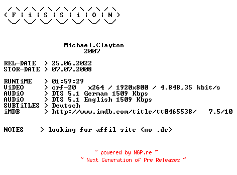 NFO for the release Michael.Clayton.2007.German.DL.1080p.BluRay.x264.iNTERNAL-FiSSiON by FiSSiON