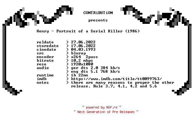 NFO for the release Henry.Portrait.Of.A.Serial.Killer.1986.REMASTERED.German.DL.1080p.BluRay.x264.PROPER-CONTRiBUTiON by CONTRiBUTiON