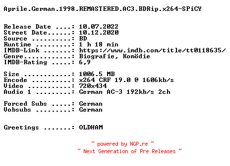 NFO for the release Aprile.German.1998.REMASTERED.AC3.BDRip.x264-SPiCY by SPiCY