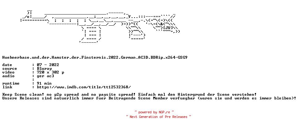 NFO for the release Huehnerhase.und.der.Hamster.der.Finsternis.2022.German.AC3D.BDRip.x264-GSG9 by GSG9