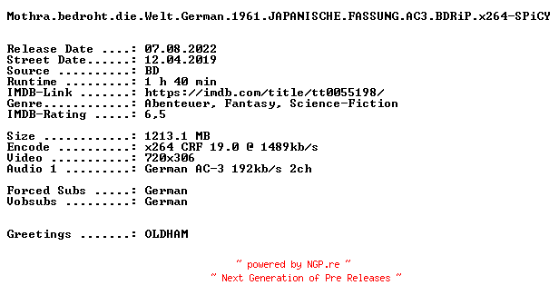 NFO for the release Mothra.bedroht.die.Welt.German.1961.JAPANISCHE.FASSUNG.AC3.BDRiP.x264-SPiCY by SPiCY