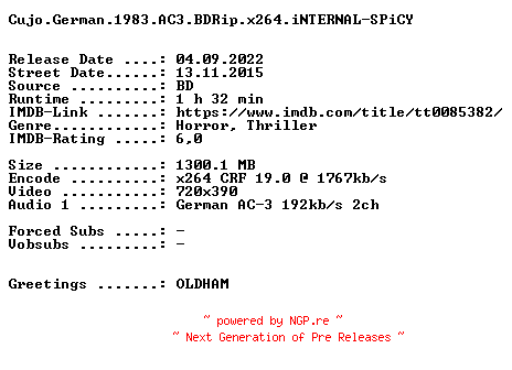 NFO for the release Cujo.German.1983.AC3.BDRip.x264.iNTERNAL-SPiCY by SPiCY
