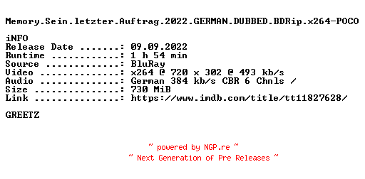 NFO for the release Memory.Sein.letzter.Auftrag.2022.GERMAN.DUBBED.BDRip.x264-POCO by POCO