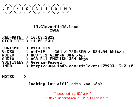 NFO for the release 10.Cloverfield.Lane.German.2016.DL.BDRiP.x264.iNTERNAL-FiSSiON by FiSSiON