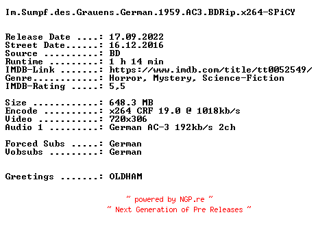NFO for the release Im.Sumpf.des.Grauens.German.1959.AC3.BDRip.x264-SPiCY by SPiCY
