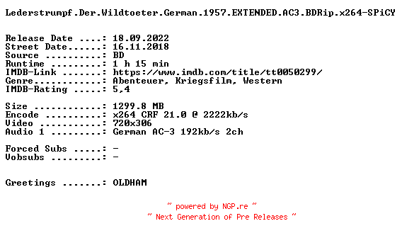NFO for the release Lederstrumpf.Der.Wildtoeter.German.1957.EXTENDED.AC3.BDRip.x264-SPiCY by SPiCY