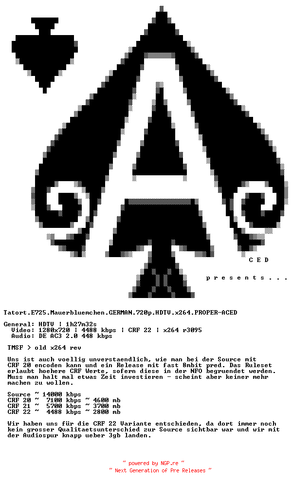 NFO for the release Tatort.E725.Mauerbluemchen.GERMAN.720p.HDTV.x264.PROPER-ACED by ACED
