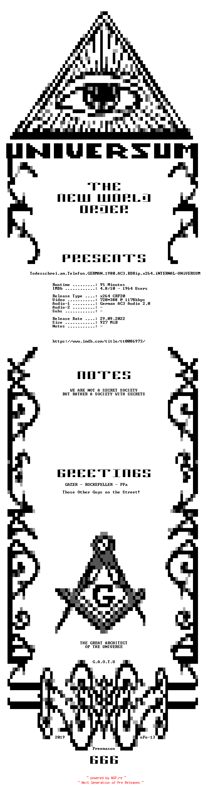 NFO for the release Todesschrei.am.Telefon.GERMAN.1980.AC3.BDRip.x264.iNTERNAL-UNiVERSUM by UNiVERSUM