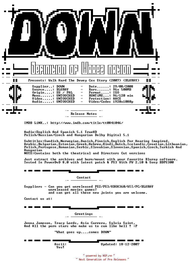 NFO for the release Walk.Hard.The.Dewey.Cox.Story.2007.NORDiC.BLURAY-DOWN by DOWN