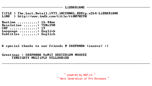 NFO for the release The.Last.Detail.1973.iNTERNAL.BDRip.x264-LiBRARiANS by LiBRARiANS
