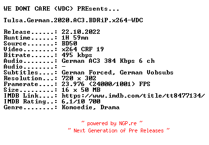 NFO for the release Tulsa.German.2020.AC3.BDRiP.x264-WDC by WDC