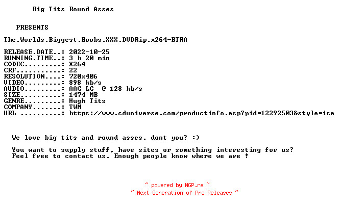 NFO for the release The.Worlds.Biggest.Boobs.XXX.DVDRip.x264-BTRA by BTRA