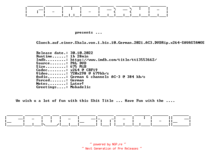 NFO for the release Glueck.auf.einer.Skala.von.1.bis.10.German.2021.AC3.DVDRip.x264-SAVASTANOS by SAVASTANOS