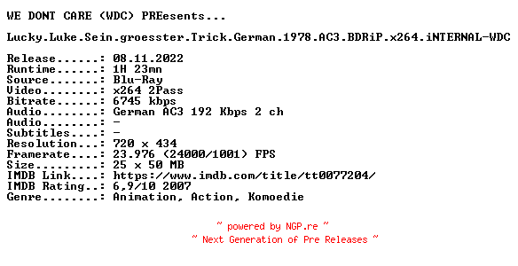 NFO for the release Lucky.Luke.Sein.groesster.Trick.German.1978.AC3.BDRiP.x264.iNTERNAL-WDC by WDC