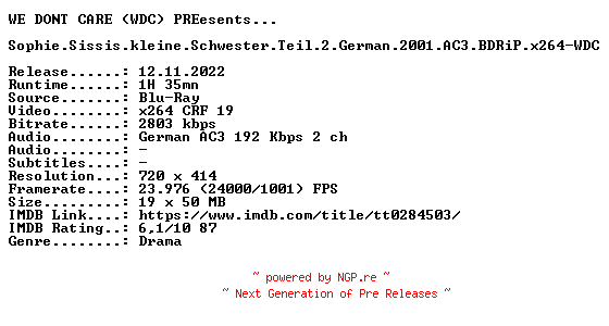 NFO for the release Sophie.Sissis.kleine.Schwester.Teil.2.German.2001.AC3.BDRiP.x264-WDC by WDC