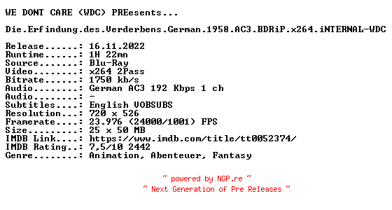 NFO for the release Die.Erfindung.des.Verderbens.German.1958.AC3.BDRiP.x264.iNTERNAL-WDC by WDC