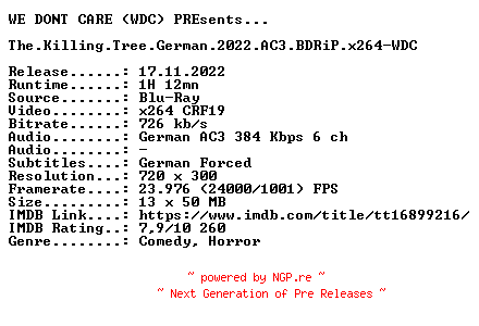 NFO for the release The.Killing.Tree.German.2022.AC3.BDRiP.x264-WDC by WDC