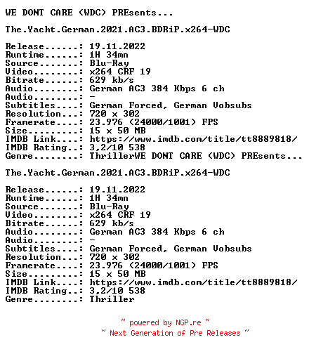 NFO for the release The.Yacht.German.2021.AC3.BDRiP.x264-WDC by WDC