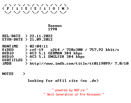 NFO for the release Daemon.German.1998.DL.BDRiP.x264.iNTERNAL-FiSSiON by FiSSiON