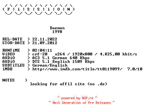 NFO for the release Daemon.1998.German.DL.1080p.BluRay.x264.iNTERNAL-FiSSiON by FiSSiON