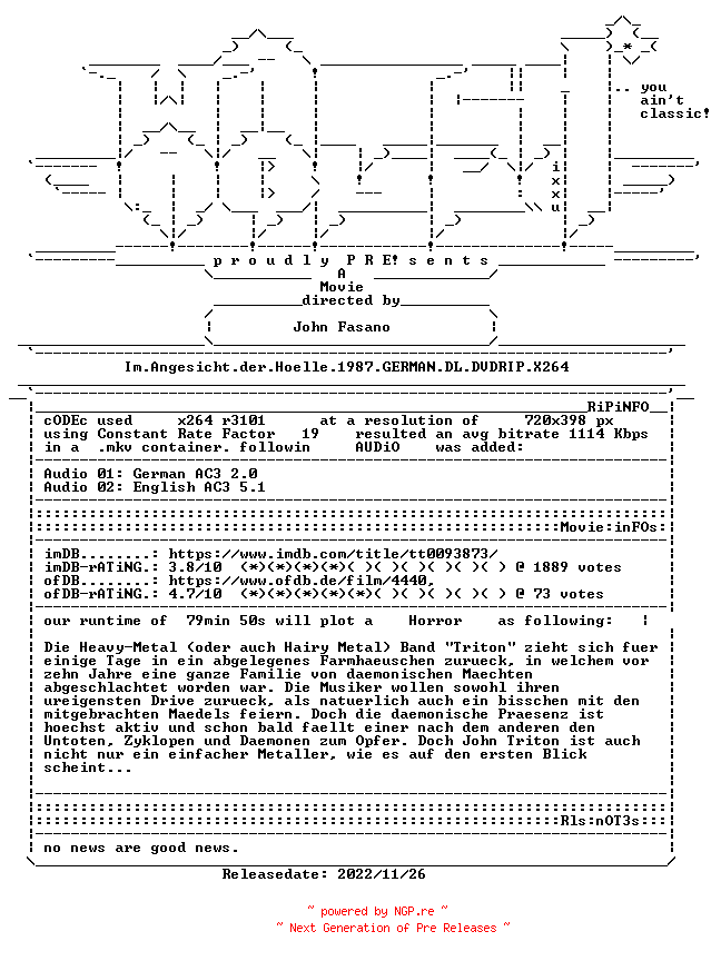 NFO for the release Im.Angesicht.der.Hoelle.1987.GERMAN.DL.DVDRIP.X264-WATCHABLE by WATCHABLE