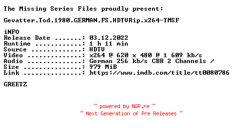 NFO for the release Gevatter.Tod.1980.GERMAN.FS.HDTVRip.x264-TMSF by TMSF