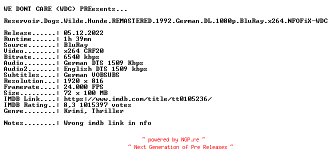 NFO for the release Reservoir.Dogs.Wilde.Hunde.REMASTERED.1992.German.DL.1080p.BluRay.x264.NFOFiX-WDC by WDC