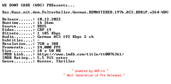 NFO for the release Das.Haus.mit.dem.Folterkeller.German.REMASTERED.1976.AC3.BDRiP.x264-WDC by WDC