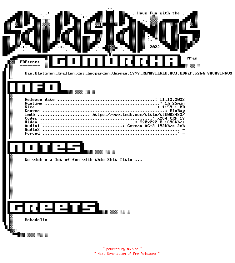 NFO for the release Die.Blutigen.Krallen.des.Leoparden.German.1979.REMASTERED.AC3.BDRiP.x264-SAVASTANOS by SAVASTANOS