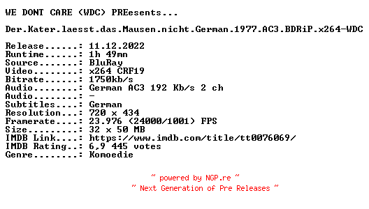 NFO for the release Der.Kater.laesst.das.Mausen.nicht.German.1977.AC3.BDRiP.x264-WDC by WDC