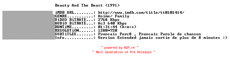 NFO for the release Beauty.And.The.Beast.EXTENDED.1991.FRENCH.720p.BluRay.x264-THENiGHTMAREiNHD by THENiGHTMAREiNHD