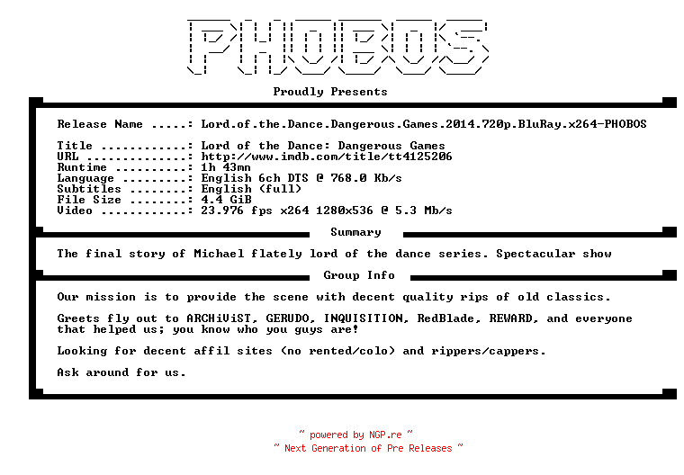 NFO for the release Lord.of.the.Dance.Dangerous.Games.2014.720p.BluRay.x264-PHOBOS by PHOBOS