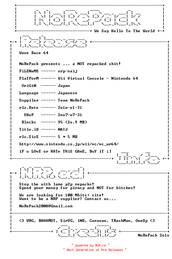 NFO for the release Wave_Race_64_JPN_VC_N64_Wii-NRP by NRP