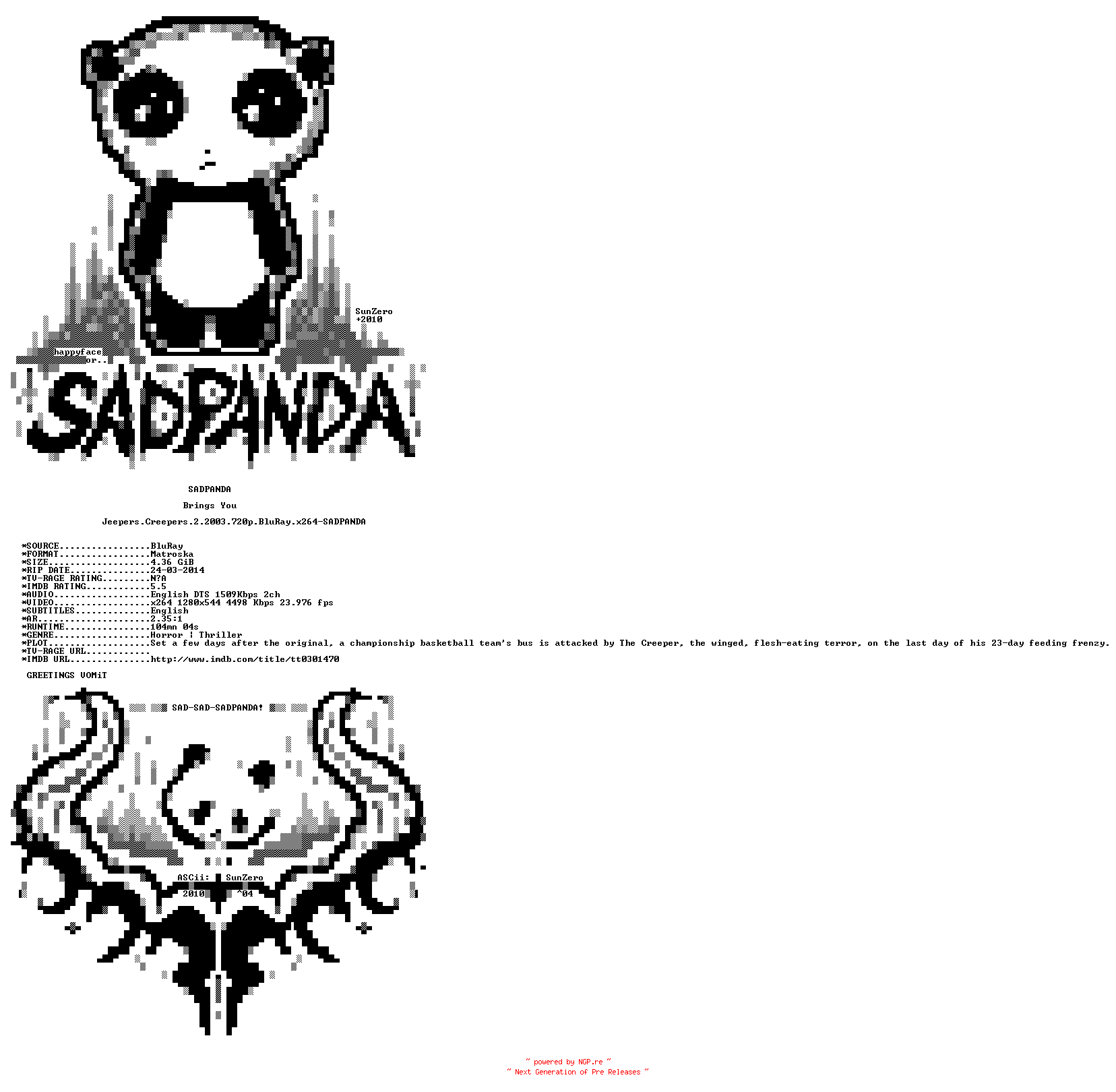 NFO for the release Jeepers.Creepers.II.2003.720p.BluRay.x264-SADPANDA by SADPANDA