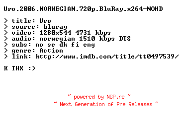 NFO for the release Uro.2006.NORWEGIAN.720p.BluRay.x264-NOHD by NOHD