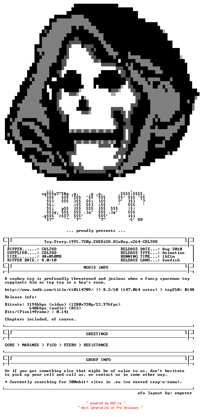 NFO for the release Toy.Story.1995.720p.SWEDiSH.BluRay.x264-CULTHD by CULTHD